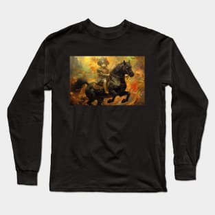 Cat Riding A Black Stallion Fine Art Painting Long Sleeve T-Shirt